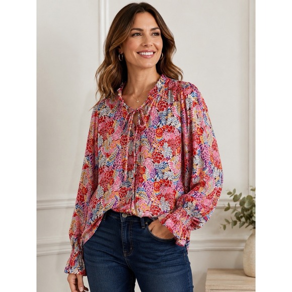 Tops - Floral Tie Neck Boho Blouse Ruffle Smocked Sleeve Peasant 2XL Artsy Romantic